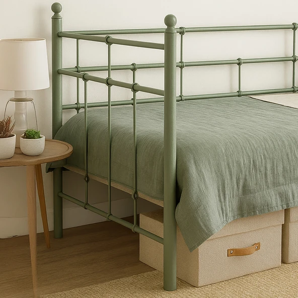 Unimet Lalas Daybed Tek Kişilik Sedir Metal Karyola 90x200 Yeşil (AHŞAP LATALI) - Resim 4