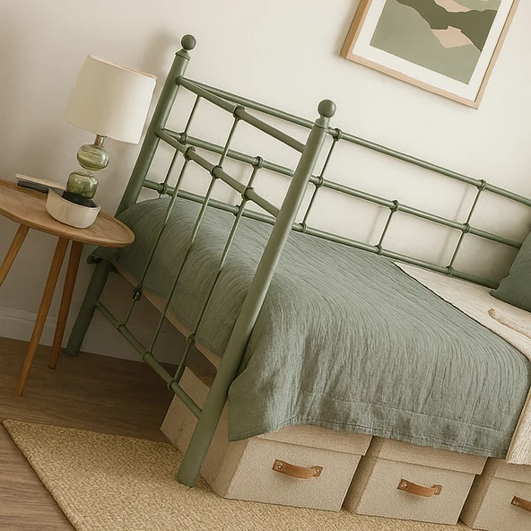 Unimet Lalas Daybed Tek Kişilik Sedir Metal Karyola 90x200 Yeşil (AHŞAP LATALI) - Resim 2