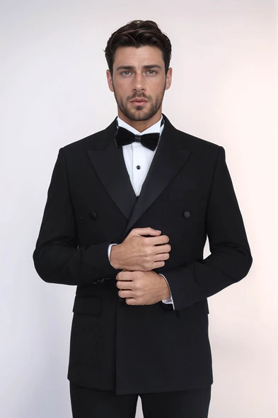Saten Yaka Slim Fit Kruvaze Siyah Smokin Takım Elbise – Wessi ürün görseli 1