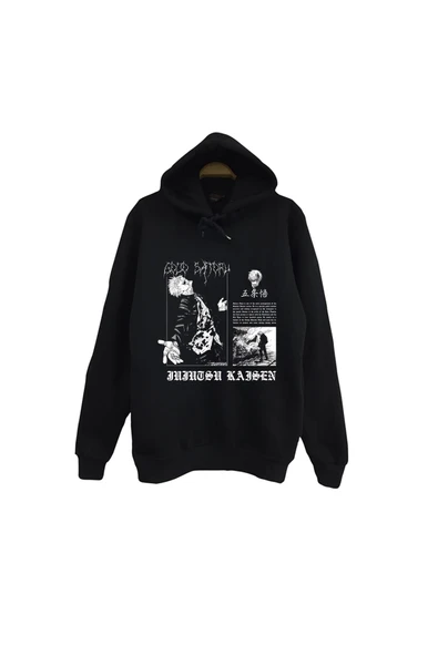 fame-stoned Jujutsu Kaisen Satoru Gojo Anime Baskılı Unisex %100 Pamuk Siyah Kapüşonlu Sweatshirt ürün görseli 1