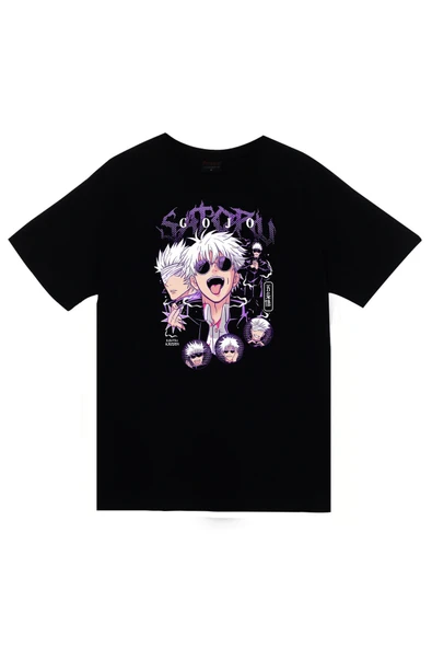 fame-stoned Jujutsu Kaisen Satoru Gojo Anime Baskılı Unisex %100 Pamuk Siyah T-shirt ürün görseli 1