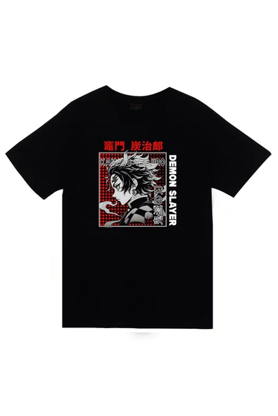 fame-stoned Demon Slayer Tanjirō Kamado Anime Baskılı Unisex %100 Pamuk Siyah T-shirt ürün görseli 1