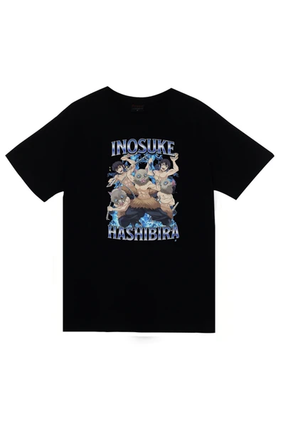 fame-stoned Demon Slayer Inosuke Hashibira Anime Baskılı Unisex %100 Pamuk Siyah T-shirt ürün görseli 1