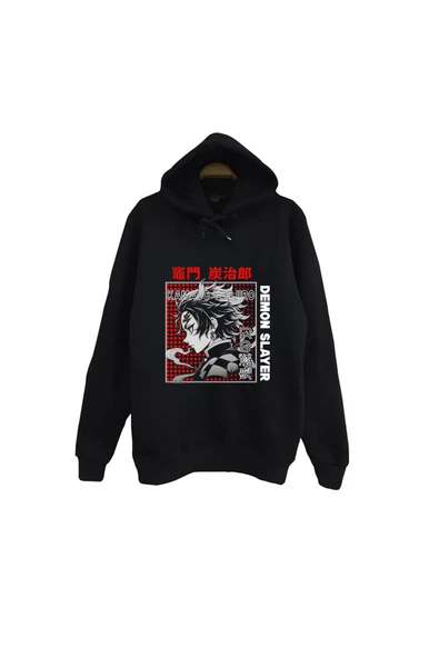 fame-stoned Demon Slayer Tanjirō Kamado Anime Baskılı Unisex %100 Pamuk Kapüşonlu Siyah Sweatshirt ürün görseli 1