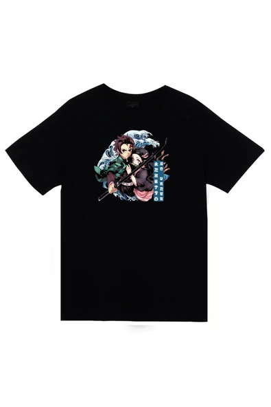 fame-stoned Demon Slayer Anime Baskılı Unisex %100 Pamuk Siyah T-shirt ürün görseli 1