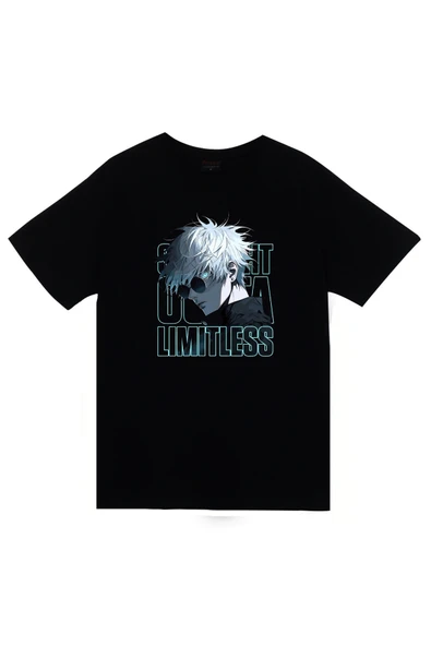 fame-stoned Jujutsu Kaisen Satoru Gojo Anime Baskılı Unisex %100 Pamuk Siyah T-shirt ürün görseli 1