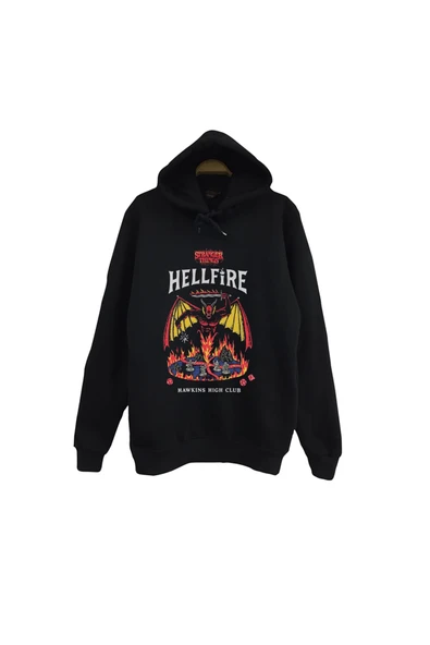 fame-stoned Stranger Things -Hellfire Club- Hawkins School Baskılı Unisex %100 Pamuk Kapüşonlu Siyah Sweatshirt ürün görseli 1