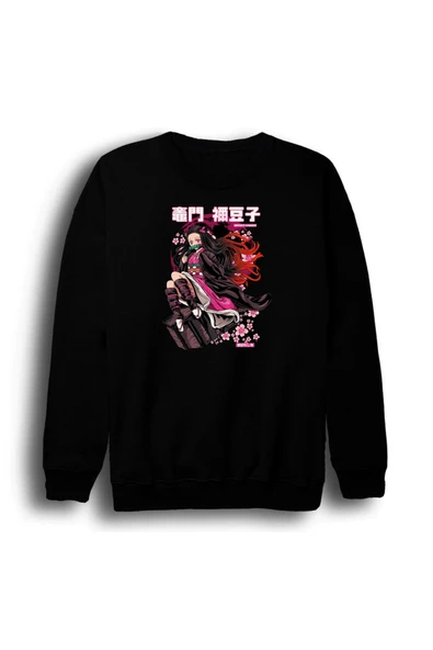 fame-stoned Demon Slayer Nezuko Kamado Anime Baskılı Unisex %100 Pamuk Siyah Bisiklet Yaka Sweatshirt ürün görseli 1