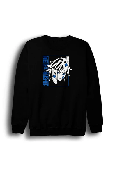 fame-stoned Demon Slayer Anime Baskılı Unisex %100 Pamuk Siyah Bisiklet Yaka Sweatshirt ürün görseli 1