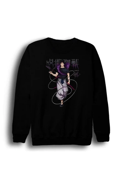 fame-stoned Jujutsu Kaisen Satoru Gojo Anime Baskılı Unisex %100 Pamuk Siyah Bisiklet Yaka Sweatshirt ürün görseli 1