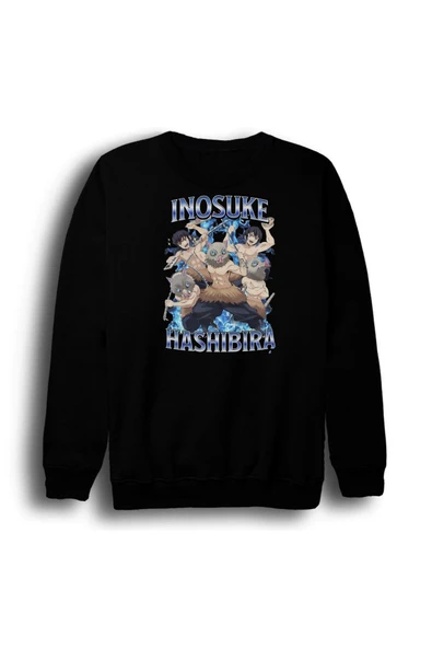fame-stoned Demon Slayer Inosuke Hashibira Anime Baskılı Unisex %100 Pamuk Siyah Bisiklet Yaka Sweatshirt ürün görseli 1