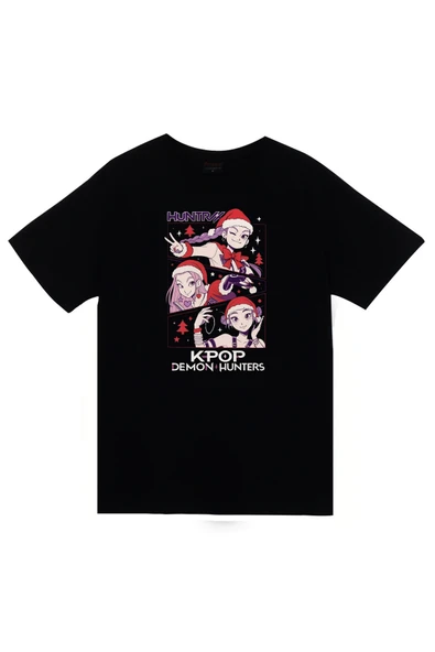 fame-stoned K-Pop Demon Hunters - Yılbaşı Baskılı Unisex %100 Pamuk Siyah T-shirt ürün görseli 1