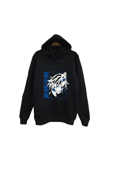 fame-stoned Demon Slayer Anime Baskılı Unisex %100 Pamuk Kapüşonlu Siyah Sweatshirt ürün görseli 1
