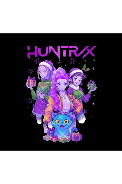 fame-stoned K-Pop Demon Hunters - Huntrix - Yılbaşı Baskılı Unisex %100 Pamuk Kapüşonlu Siyah Sweatshirt - Resim 2