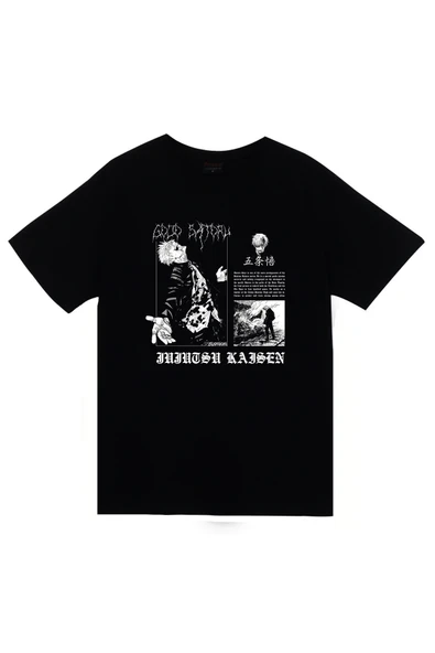 fame-stoned Jujutsu Kaisen Satoru Gojo Anime Baskılı Unisex %100 Pamuk Siyah T-shirt ürün görseli 1