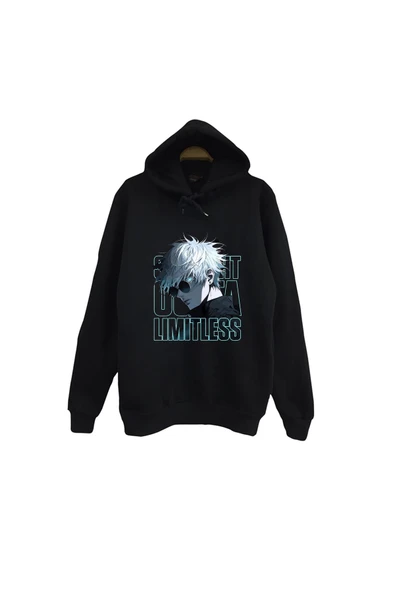 fame-stoned Jujutsu Kaisen Satoru Gojo Anime Baskılı Unisex %100 Pamuk Kapüşonlu Siyah Sweatshirt ürün görseli 1