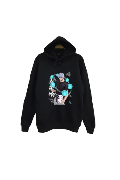 fame-stoned Jujutsu Kaisen Satoru Gojo Anime Baskılı Unisex %100 Pamuk Siyah Kapüşonlu Sweatshirt ürün görseli 1