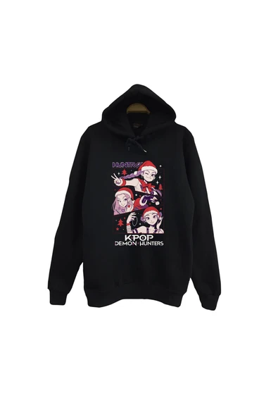 fame-stoned K-Pop Demon Hunters - Yılbaşı Baskılı Unisex %100 Pamuk Kapüşonlu Siyah Sweatshirt ürün görseli 1