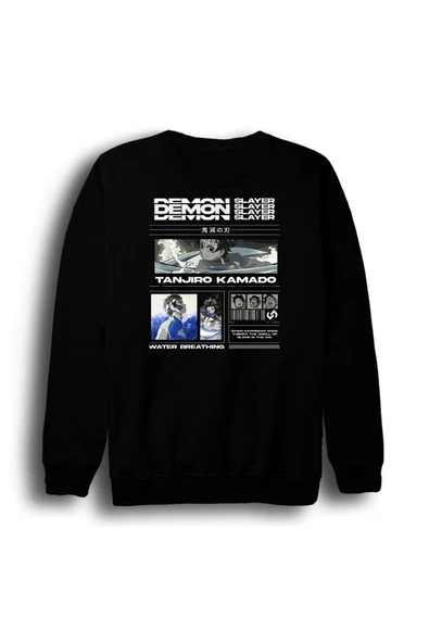 fame-stoned Demon Slayer Tanjirō Kamado Anime Baskılı Unisex %100 Pamuk Siyah Bisiklet Yaka Sweatshirt ürün görseli 1