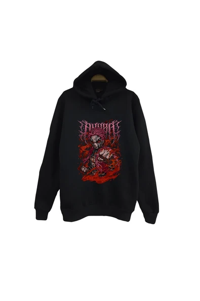 fame-stoned Demon Slayer Anime Baskılı Unisex %100 Pamuk Kapüşonlu Siyah Sweatshirt ürün görseli 1