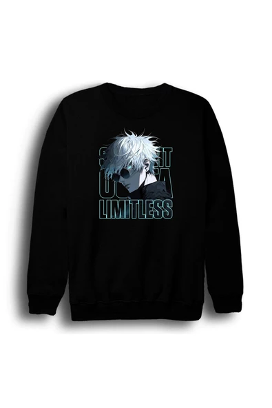 fame-stoned Jujutsu Kaisen Satoru Gojo Anime Baskılı Unisex %100 Pamuk Siyah Bisiklet Yaka Sweatshirt ürün görseli 1