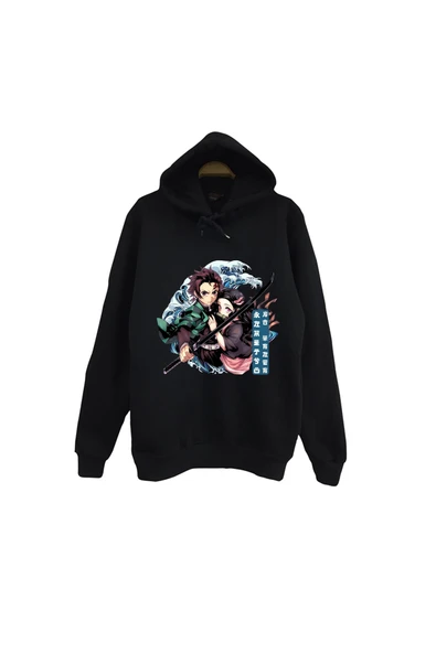 fame-stoned Demon Slayer Anime Baskılı Unisex %100 Pamuk Kapüşonlu Siyah Sweatshirt ürün görseli 1