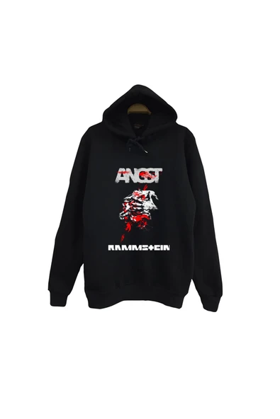 fame-stoned Rammstein - ANGST Baskılı Unisex %100 Pamuk Kapüşonlu Siyah Sweatshirt ürün görseli 1