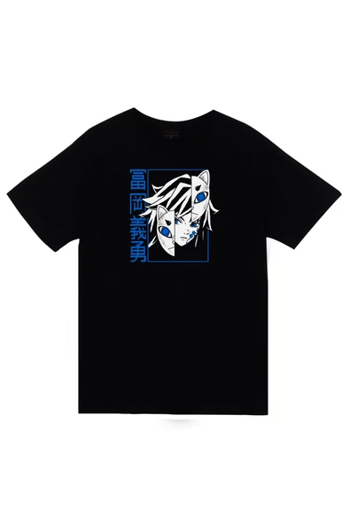 fame-stoned Demon Slayer Anime Baskılı Unisex %100 Pamuk Siyah T-shirt ürün görseli 1