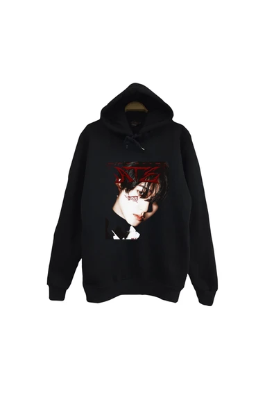 fame-stoned Stray Kids - Seo Chang-bin Baskılı Unisex %100 Pamuk Kapüşonlu Siyah Sweatshirt ürün görseli 1