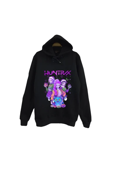 fame-stoned K-Pop Demon Hunters - Huntrix - Yılbaşı Baskılı Unisex %100 Pamuk Kapüşonlu Siyah Sweatshirt ürün görseli 1