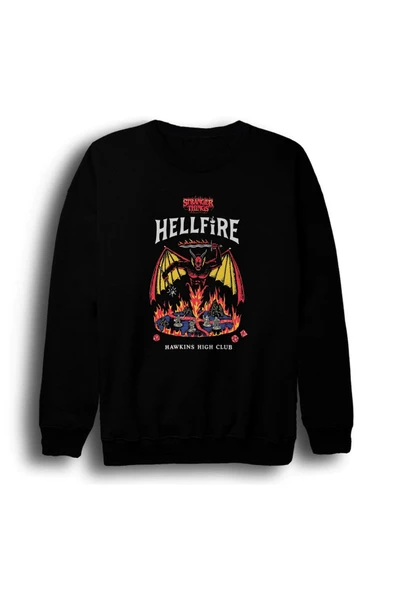 fame-stoned Stranger Things Hellfire Club Hawkins School Baskılı Unisex %100 Pamuk BisikletYaka Siyah Sweatshirt ürün görseli 1