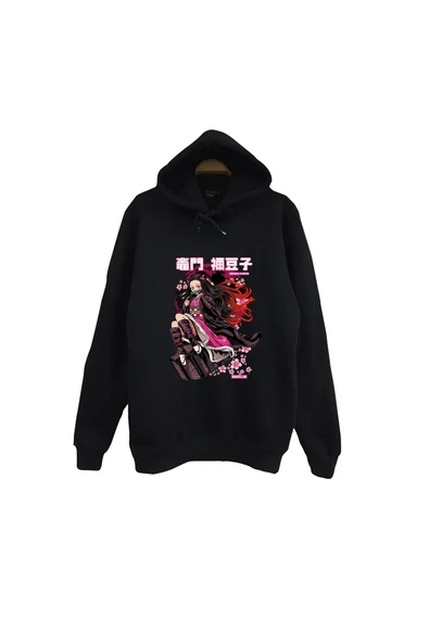 fame-stoned Demon Slayer Nezuko Kamado Anime Baskılı Unisex %100 Pamuk Kapüşonlu Siyah Sweatshirt ürün görseli 1