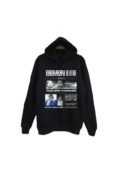 fame-stoned Demon Slayer Tanjirō Kamado Anime Baskılı Unisex %100 Pamuk Kapüşonlu Siyah Sweatshirt ürün görseli 1