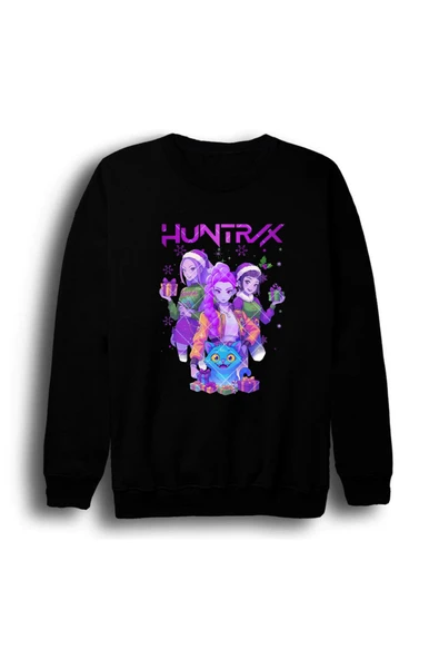 fame-stoned K-Pop Demon Hunters - Huntrix - Yılbaşı Baskılı Unisex %100 Pamuk Bisiklet Yaka Siyah Sweatshirt ürün görseli 1