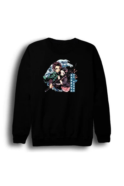fame-stoned Demon Slayer Anime Baskılı Unisex %100 Pamuk Siyah Bisiklet Yaka Sweatshirt ürün görseli 1