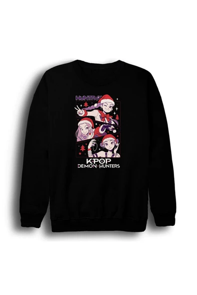 fame-stoned K-Pop Demon Hunters - Yılbaşı Baskılı Unisex %100 Pamuk Bisiklet Yaka Siyah Sweatshirt ürün görseli 1