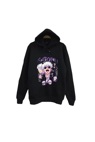 fame-stoned Jujutsu Kaisen Satoru Gojo Anime Baskılı Unisex %100 Pamuk Siyah Kapüşonlu Sweatshirt ürün görseli 1