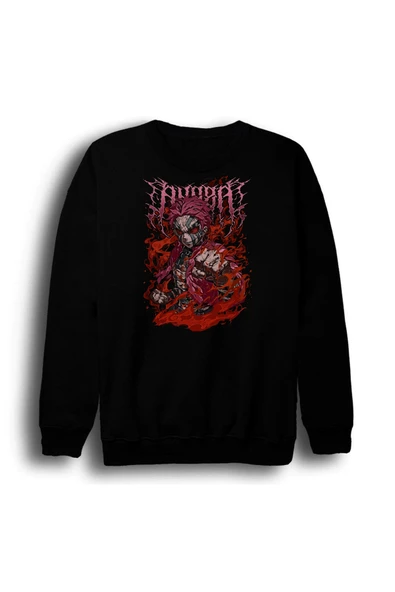 fame-stoned Demon Slayer Anime Baskılı Unisex %100 Pamuk Siyah Bisiklet Yaka Sweatshirt ürün görseli 1