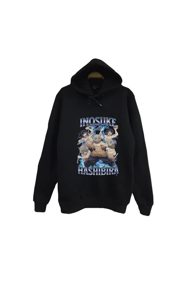 fame-stoned Demon Slayer Inosuke Hashibira Anime Baskılı Unisex %100 Pamuk Kapüşonlu Siyah Sweatshirt ürün görseli 1