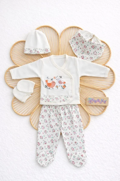 Kuş Desenli Çiçekli Kız Bebek Zıbın Set ürün görseli 1