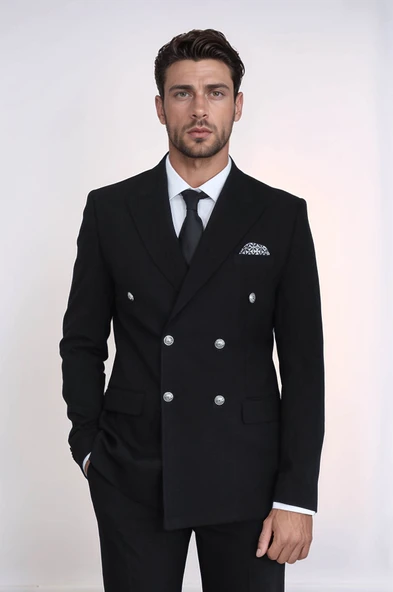 Gümüş Düğmeli Slim Fit Kruvaze Siyah Erkek Takım Elbise – Wessi ürün görseli 1