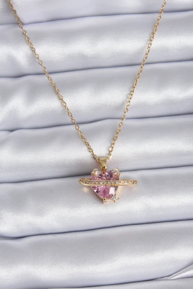 316L Çelik Gold Renk Zincir Pembe Kristal Kalp Model Zirkon Taş Detay Kadın Kolye - TJ-BKO7747 ürün görseli 1