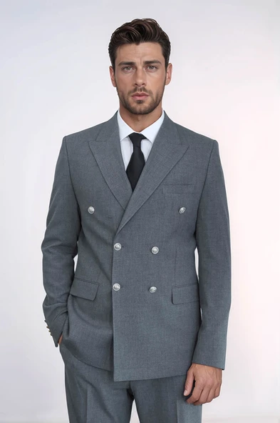 Gümüş Renk Metal Düğmeli Slim Fit Kruvaze Gri Erkek Takım Elbise – Wessi ürün görseli 1