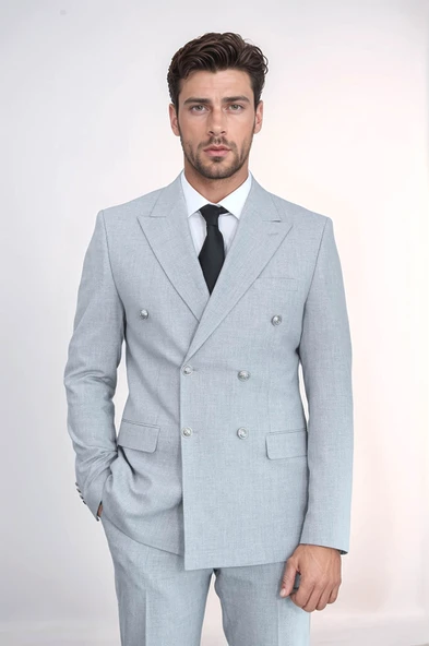 Gümüş Renk Metal Düğmeli Slim Fit Kruvaze Antrasit Erkek Takım Elbise – Wessi ürün görseli 1