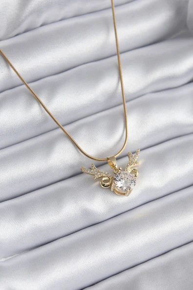 316L Çelik Gold Renk Zirkon Taşlı Boynuz Model Kadın Kolye - TJ-BKO8134 ürün görseli 1