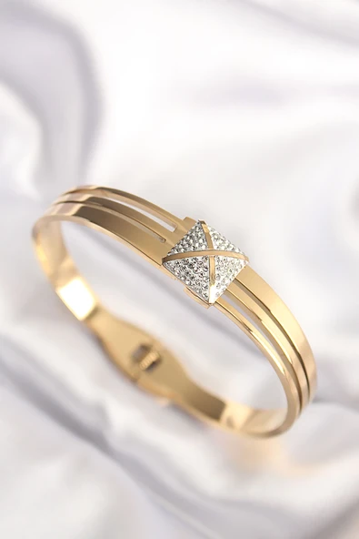 316L Çelik Zirkon Taşlı Gold Renk Kadın Kelepçe Bilezik - TJ-BB6024 ürün görseli 1
