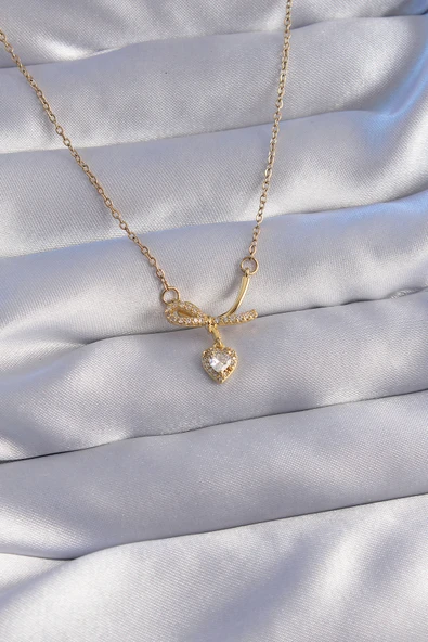 316L Çelik Zincir Gold Renk Zirkon Taşlı Yarım Fiyonk Kalp Kolye - TJ-BKO8789 ürün görseli 1