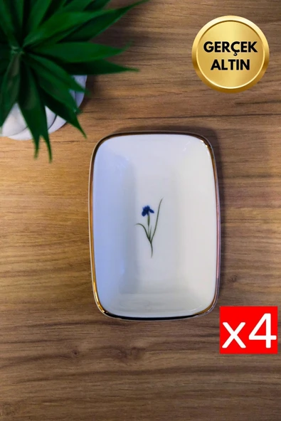 Tabak Evi Porselen Natura İris Altın Yaldızlı Dikdörtgen Kayık Tabak 10x7x2cm 4 lü ürün görseli 1