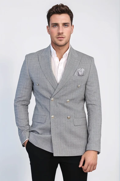 Siyah Pötikare Desenli Gümüş Rengi Metal Düğmeli Slim Fit Kruvaze Blazer – Wessi ürün görseli 1