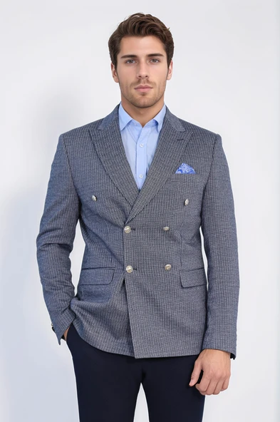 Lacivert Çizgili Gümüş Rengi Metal Düğmeli Slim Fit Kruvaze Blazer – Wessi ürün görseli 1